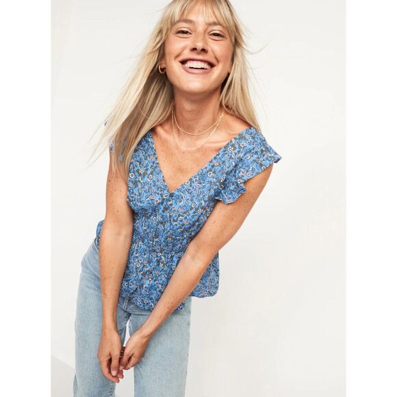 Old Navy | Blue Floral Waist-Defined V-Neck Button Front Blouse | Medium - Picture 1 of 9